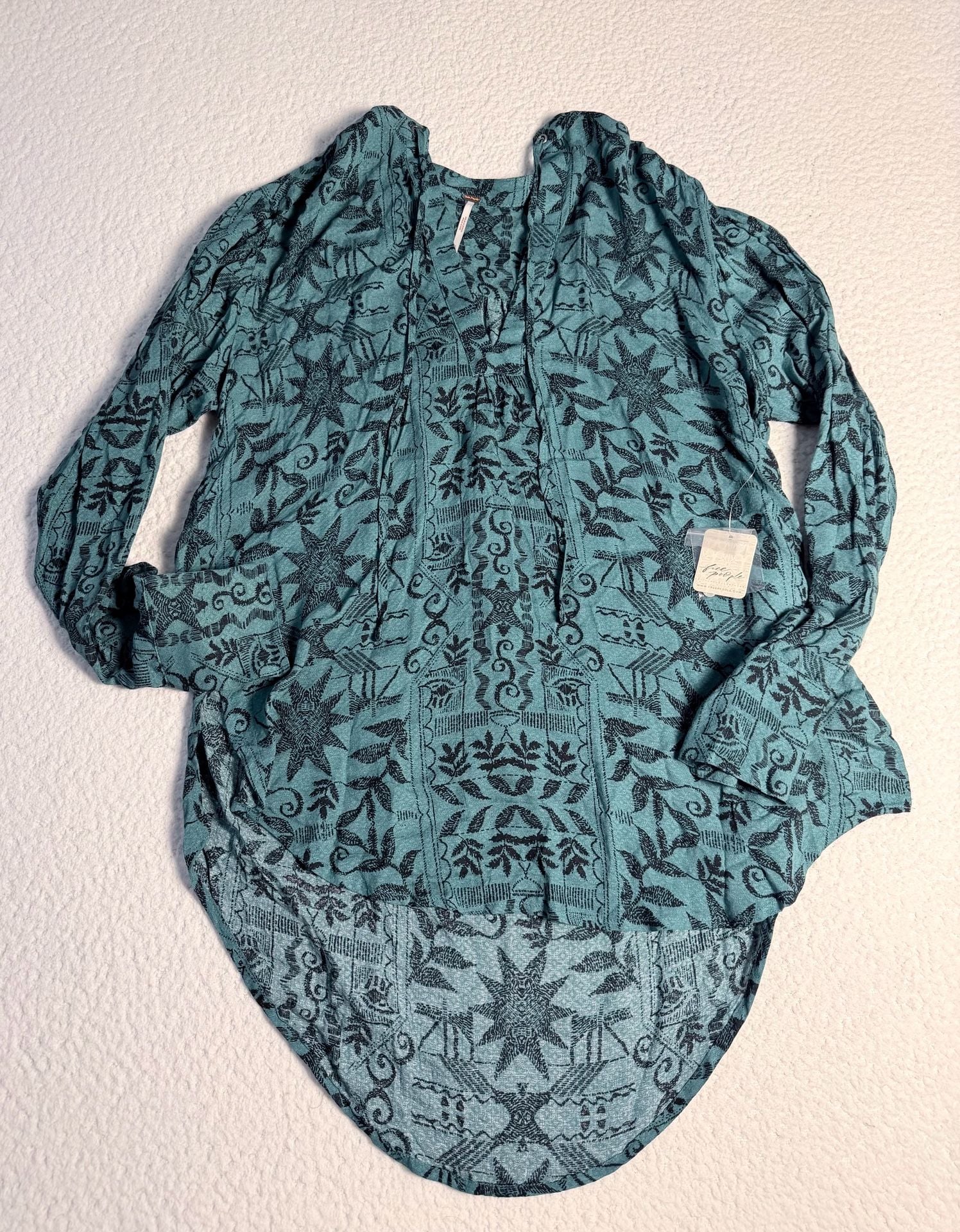 Nwt Free People Mia Tunic In Turquoise Blue Printed Long Sleeve Boho Top